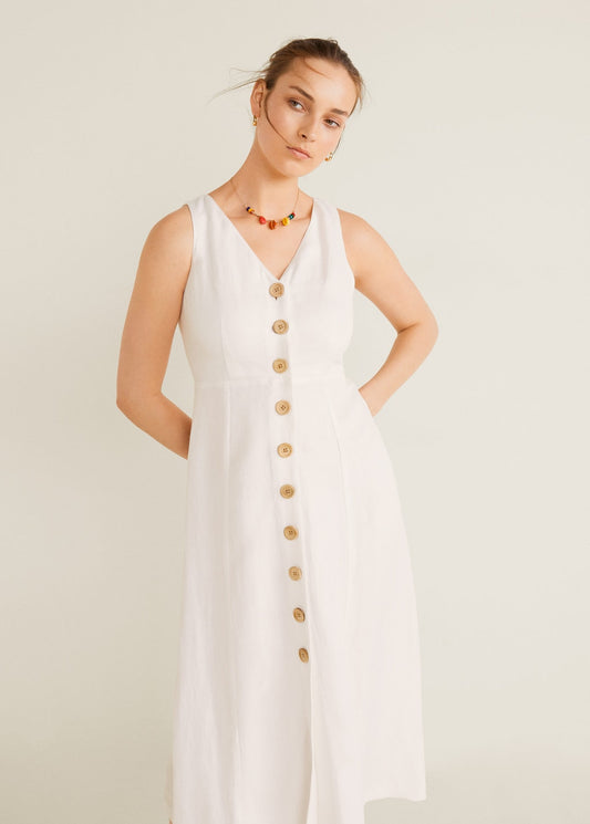 Buttoned linen-blend dress - sandy-thoa