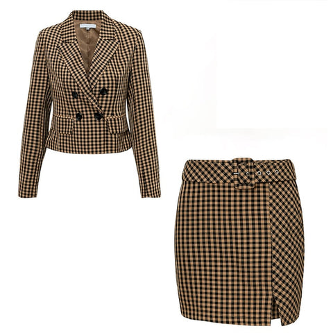 Sollinarry Streetwear Women Autumn Blazer Skirt Sets Long Sleeve Plaid Winter Chic Blazer Coats Female New 2 Pieces Casual Suits - sandy-thoa