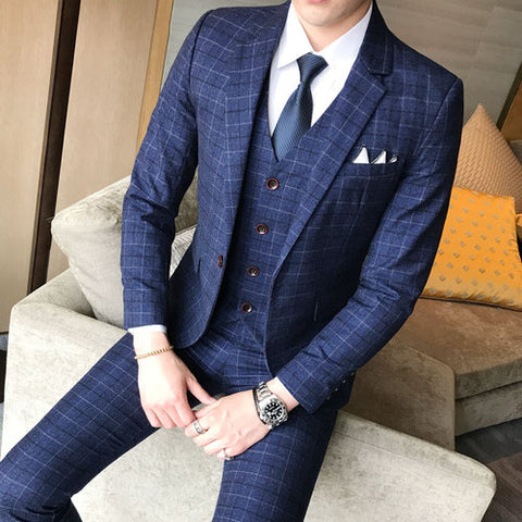 ( Jacket + Vest + Pants ) 2019 New Men's Fashion Boutique Plaid Wedding Dress Suit Three-piece Male Formal Business Casual Suits - sandy-thoa
