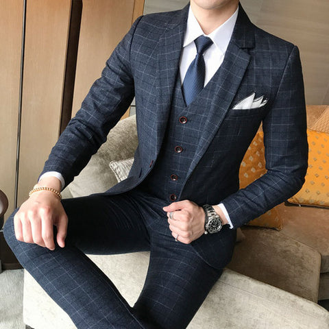 ( Jacket + Vest + Pants ) 2019 New Men's Fashion Boutique Plaid Wedding Dress Suit Three-piece Male Formal Business Casual Suits - sandy-thoa